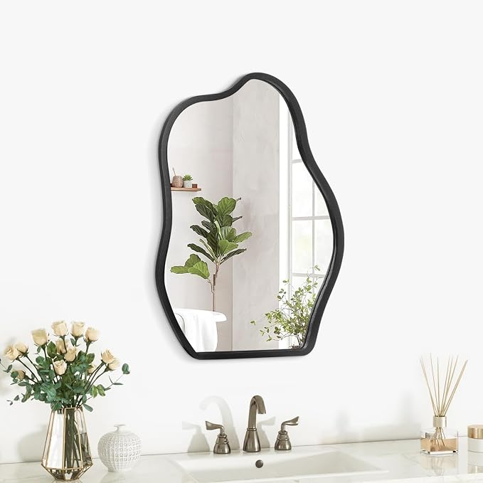 Irregular Asymmetrical Mirror Small Wooden Framed Wall Mirror Modern Cloud Hanging Artistic Mirror Decor for Bathroom Vanity Bedroom Living Room Entryway Hallway 16"x12"
