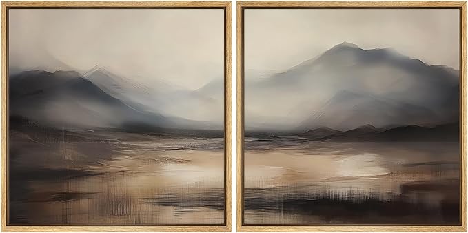 SIGNFORD Framed Canvas Print Wall Art Set Misty Mountain Landscape Neutral Toned Abstract Illustrations Modern Art Minimal Relax/Calm for Living Room, Bedroom, Office - 16"x16"x2 Natural