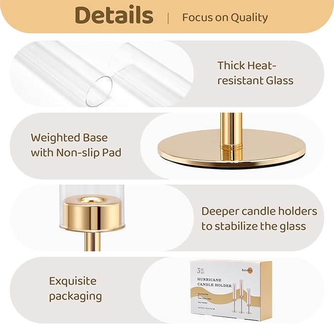 Gold Hurricane Candle Holders Set of 3, Tall Metal & Windproof Glass Taper Candle Holders, Brass Candlesticks Holder Decorations, Table Centerpieces for Weddings, Christmas, Parties, Fireplace Decor