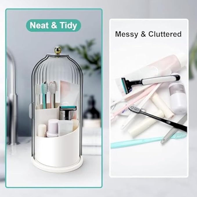 Sliding Lid Toothbrush Organizer, Rotating Toothbrush Holder, Rotating 3 Slots Bathroom Organizer Countertop, Makeup Brush Organizer Caddy for Vanity (White+Black+Green)