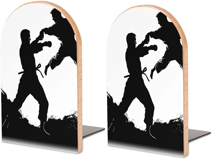 Kickboxing Book Ends Wooden Bookends Non-Skid Metal Base Heavy Duty Book Shelves Decor, Decorative Bookends for Books/CDs Bookshelf Table Home Decor