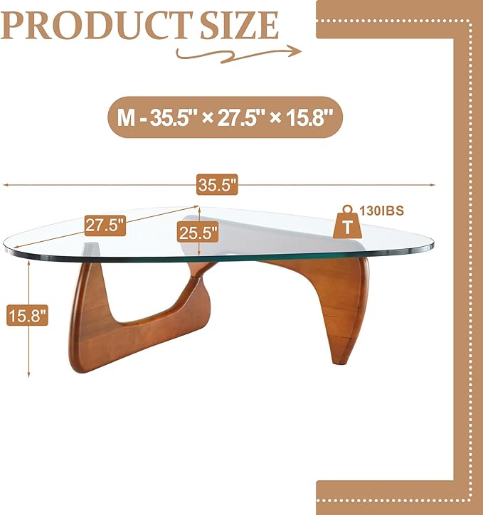 Modern Glass Coffee Table, 35.5″ Noguchi Coffee Table with Triangle Tempered Glass Top, Walnut Wood Base, Stable Funky Center Tables for Living Room, Apartment & Small Spaces