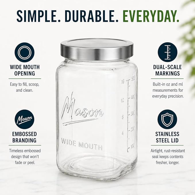 1 Gallon Glass Jars with Lids - Extra Large Mason Jars Wide Mouth with Airtight Metal Screw On Lids - Square Glass Storage Containers with Measurements for Flour, Sugar, Cookies & Pickling, 2 Pack