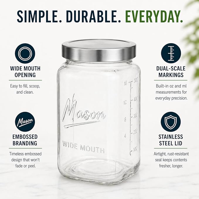 kitchentoolz 1 Gallon Glass Jar with Lid - Extra Large Mason Jar Wide Mouth with Airtight Metal Screw On Lid - Square Glass Storage Container with Measurements for Flour, Sugar, Cookies & Pickling