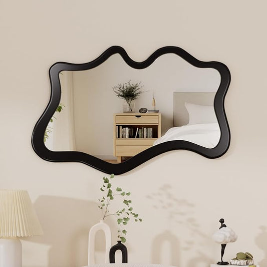 43"x 28" Irregular Wall Mirror, Black Wood Framed Wall Mirror, Asymmetrical Wall Wavy Mirror for Living Room Bedroom Entryway Bathroom Modern Decorative Mirror with Hanging Hooks