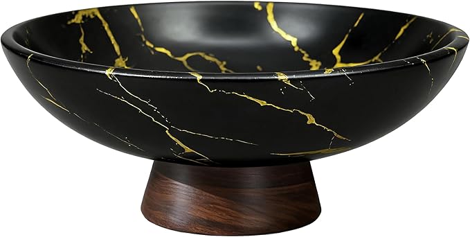 Black Marble Texture Decorative Bowl with Wood Base – 11" Modern Pedestal Fruit Bowl for Dining Table, Kitchen or Entryway Décor