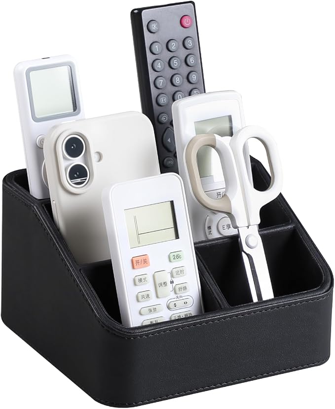 Remote Control Holder, PU Leather Small Desk Organizer with 4 Compartments, Nightstand Organizer Office Desk Accessories Desk Caddy for Countertop Bedside End Table (Black)