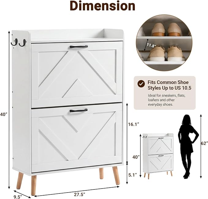 Shoe Cabinet Storage for Entryway, Narrow Slim Shoe Organizer with 2 Flip Drawers & Adjustable Shelves, Freestanding Space-Saving Shoe Rack for Hallway, Foyer (White)