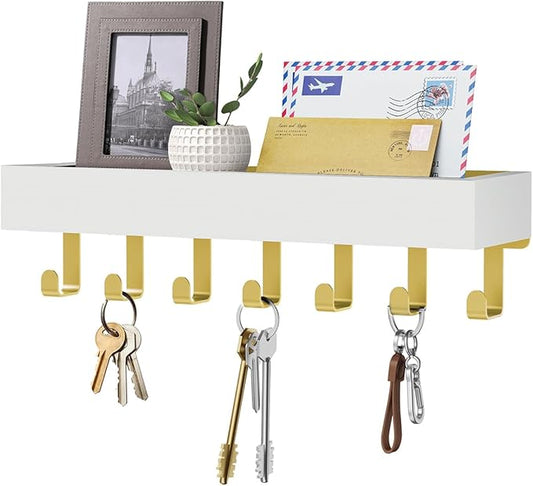 Key Holder Wall Mount Adhesive Magnetic - Hanging Key Hooks with Mail Organizer Tray for Wallet House - Keys Hanger Rack with Shelf for Camper Entryway Door Home Living Room Decor Large Gold White