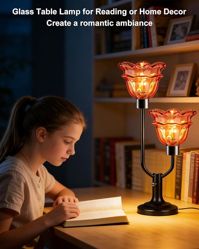 Lightdot Mid Century Modern Flower Table Lamp Dimmable Black Desk Lamps with Red Glass Shades 2Pcs Bulbs Included 3000K Warmwhite Bedside Nightstand Ambiance Lamp for Living Room Bedroom