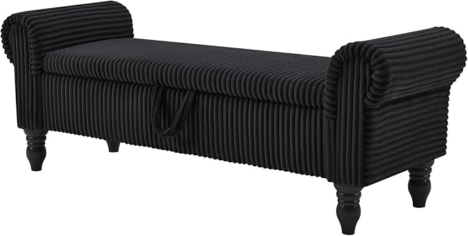 Storage Bench for Bedroom, Ottoman with Storage, Upholstered Ottomans Benches with Rolled Arms for Bedroom End of Bed, Living Room, Entryway (Corduroy/Black)