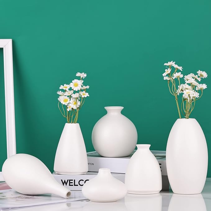 Set of 6 Matte White Small Vases for Flowers, Ceramic Bud Vase Bulk Boho Centerpieces for Tables, Mini Short Vase Modern Bulk Wedding Centerpieces Ikebana Vases for Bridal Shower/House Warming Gift