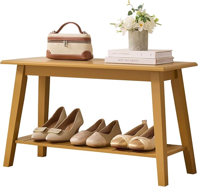 Kings Brand Furniture Delphi Wood Entryway Bench with Storage Shelf – Modern Accent Seating for Hallway, Bedroom, Living Room or Narrow Space-Saving Shoe Bench - Honey Mustard
