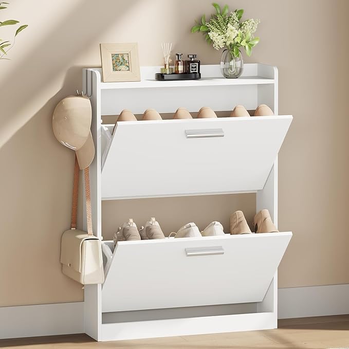 Shoe Cabinet Organizer with 2 Flip Drawers，Freestanding Shoe Rack Cabinet，Narrow Shoe Cabinet Storage for entryway，Foyer, Hallway, White, 23.6" W × 6.3" D × 33.1" H