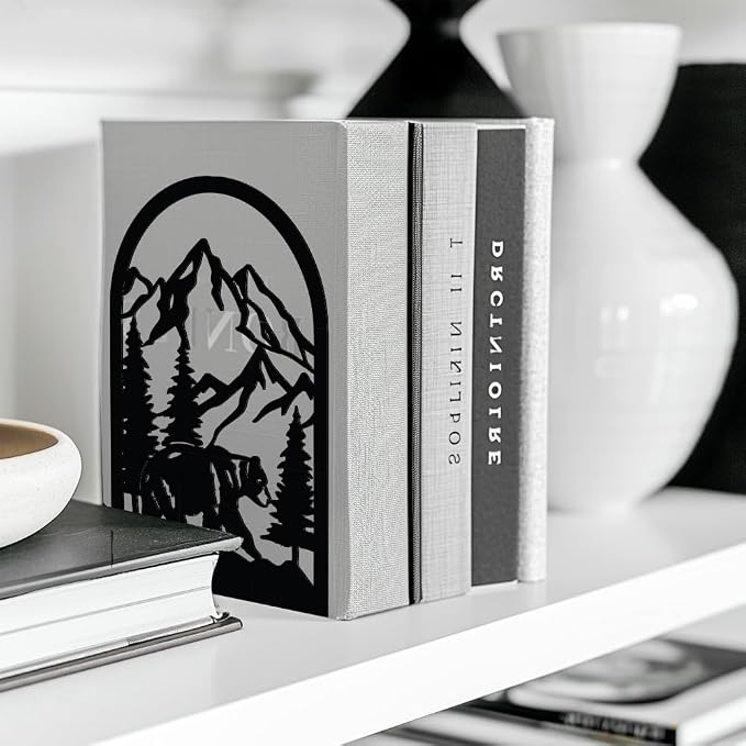 Peacoblue Metal Bookends for Shelves, 3 Pair of Modern Decorative Heavy Duty Study Book Support Stoppers for Office Desk Shelf Room 5.3"x4.3"x7.9" Cast Iron Bookends (Mountain and Forest with Bear)