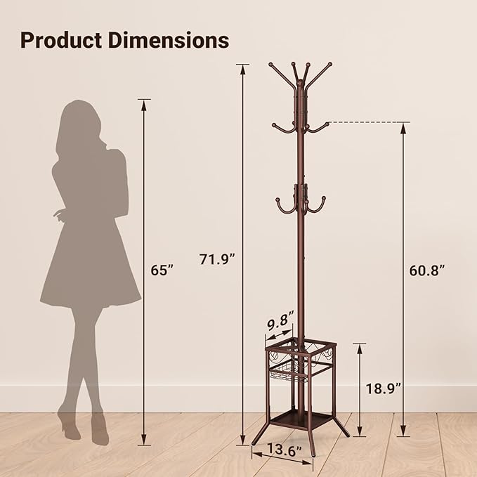 ELYKEN Coat Rack Freestanding, Metal Coat Rack Stand with Umbrella Holder, Modern Coat Tree with 12 Hooks, Floor Standing Corner Hall Tree for Entryway Living Room Bedroom Office, Brown
