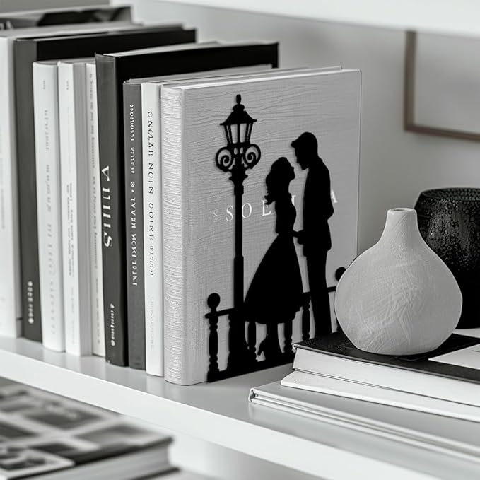 Peacoblue Metal Bookends for Shelves, Modern Decorative Heavy Duty Study Book Support Stoppers for Office, Desk, Shelf, Room 5.3"x4.3"x7.9" Cast Iron Bookends, 1 Pair (Men and Women Under Streetlight)