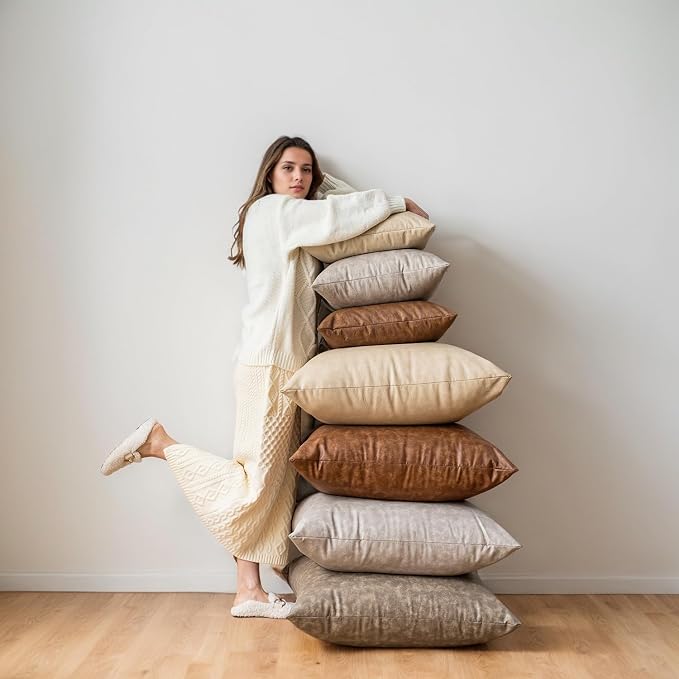 Pack of 4 Neutral Lumbar Decorative Faux Leather Throw Pillow Covers 12x20 inch, Soft Modern Boho Luxury Waterproof Floor Cushion Cases, for Outdoor Lounge Sofa Couch Bed Home Decor