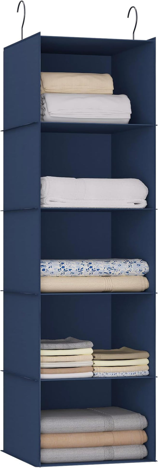 Hanging Closet Organizer and Storage 5-Shelf, Easy Mount Foldable Hanging Closet Wardrobe Storage Shelves, Clothes Handbag Shoes Accessories Storage, Washable Oxford Cloth Fabric, Navy Blue