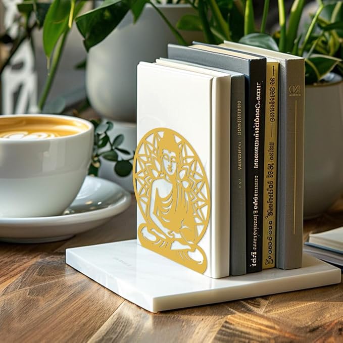 Peacoblue Metal Bookends for Shelves, Modern Decorative Heavy Duty Study Book Support Stoppers for Office, Desk, Shelf, Room 5.3"x4.3"x6.1" Cast Iron Simple Gold Book Ends, 1 Pair (Golden Buddha)