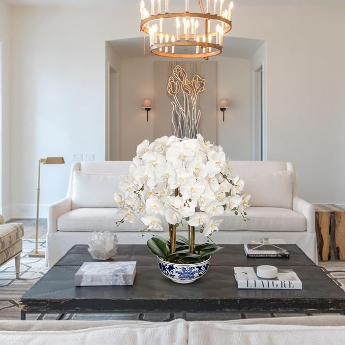 Briful Large Orchid Fake Flower in Blue and White Porcelain Bowl 24.8" White Orchid Silk Floral Arrangement Faux Phalaenopsis Flower for Home Office Room Kitchen Table Centerpiece Decor