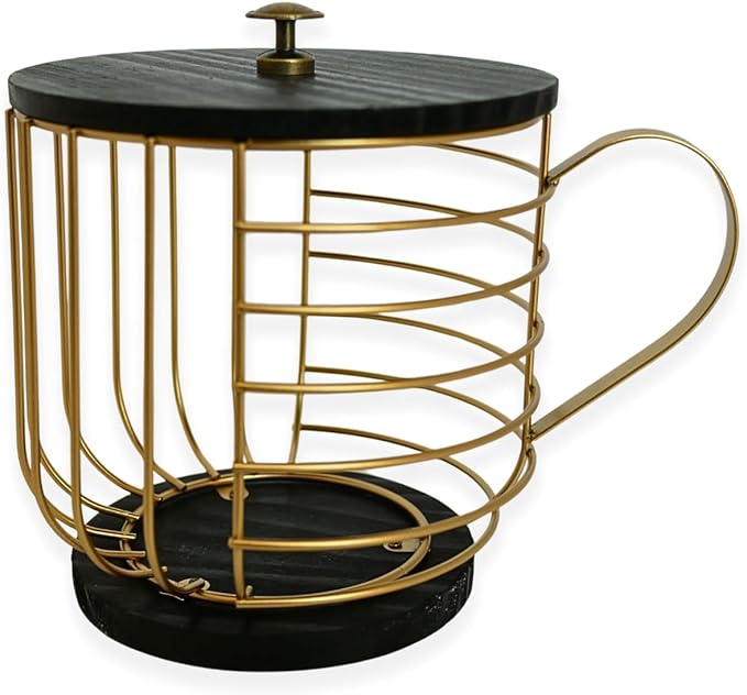 Coffee Pod Holder – Compatible with Nespresso Vertuo Pods and Capsules - Gold Metal K Cup Holder - Cute Coffee Pod Basket w/ Wooden Base & Lid - Coffee Pod Storage - Coffee Bar Decor