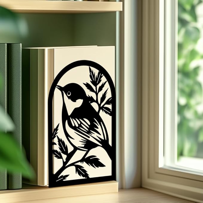INFUNLY Bird Bookends Decorative Metal Book Ends for Shelves 4.7"×7.1" Non-Skid Heavy Duty Bookends Unique Office Desk Book Stand for Heavy Books Black Book Stopper to Hold Books for Home Office Decor