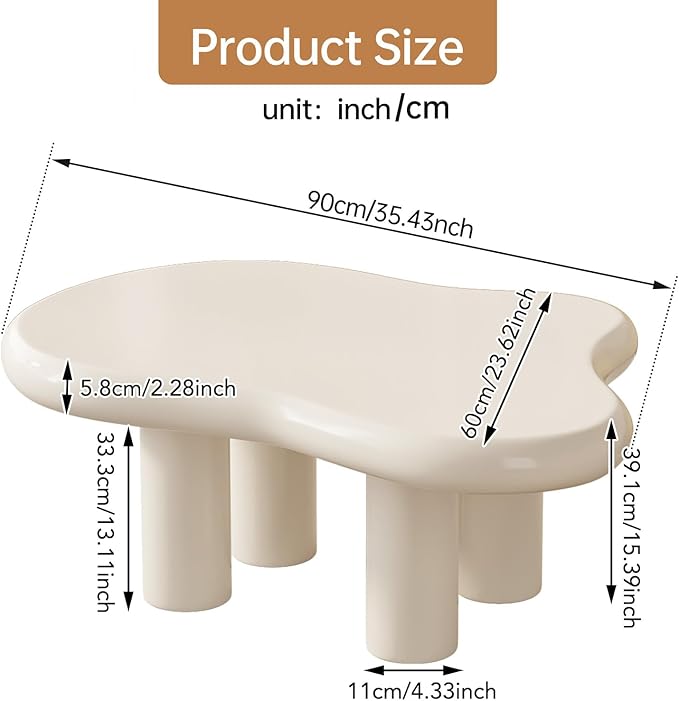 Guyii Cream White Coffee Table Cloud Coffee Table Cute Sofa End Table with 4 Legs Living Room Tables Small Side Table for Living Room Apartment Studio 36" Easy Assemble