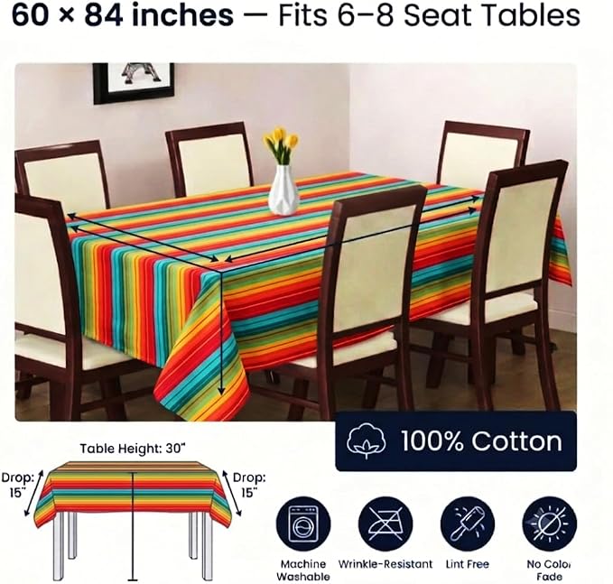 Urban Villa Table Cloth Kitchen Dining Tabletop Cover 100% Cotton 60x102 Inches Rectangle Tablecloth Washable Reusable Ideal for Hotel Restaurant Farmhouse Wedding Holiday Dinner Parties - Red Multi
