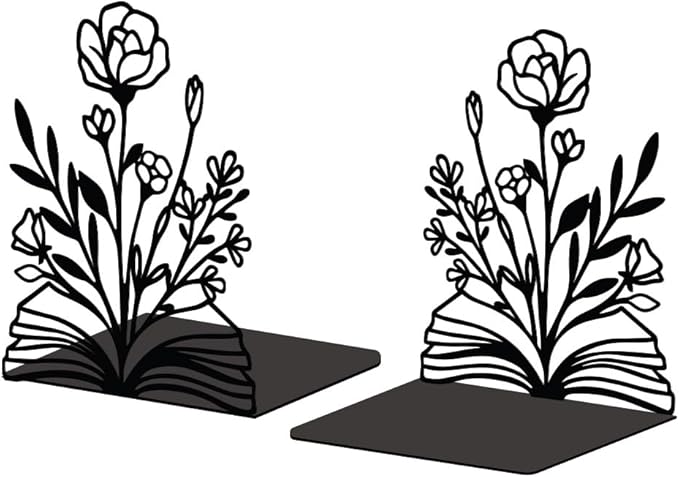 Peacoblue Metal Bookends for Shelves, Modern Decorative Heavy Duty Study Book Support Stoppers for Office, Desk, Shelf, Room 5.3"x4.3"x7.9" Cast Iron Simple Tall Bookends, 1 Pair (Books and Flowers)