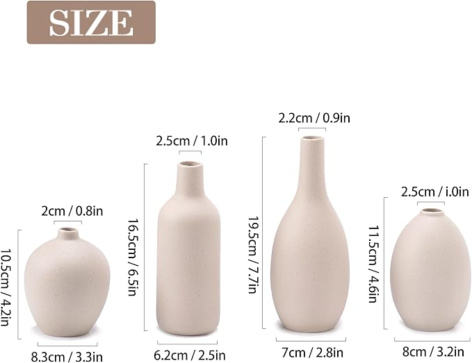 Beige Ceramic Vase Set of 4,Modern Farmhouse Decorative Vases for Entryway Mantel Centerpiece Bookshelf Console Table