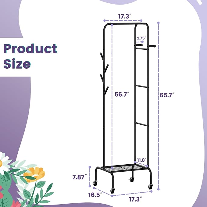 Modern Bamboo Coat Rack, Freestanding with 2 Shelves, 5 Hooks, Rotating Design, Heavy Duty Stand for Entryway, Living Room, 72x24x24 Inches (Black)