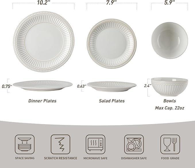 Famiware Garden 18-Piece Embossed Plates and Bowls Sets, Stoneware Reactive Glaze Dishes Dinnerware Set, Modern Rustic, Chip & Scratch Resistant, Microwave & Dishwasher Safe, Service for 6, White