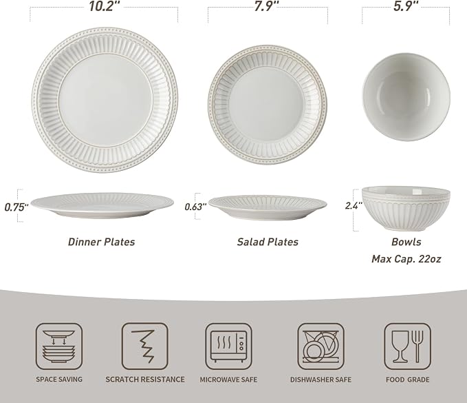 Famiware Garden 24-Piece Embossed Plates and Bowls Sets, Stoneware Reactive Glaze Dishes Dinnerware Set, Modern Rustic, Chip & Scratch Resistant, Microwave & Dishwasher Safe, Service for 8, White