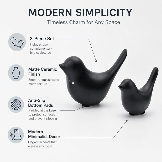 2 Pcs Ceramic Bird Figurines, Black Bird Statues for Home Decor Accents, Small Animal Sculptures for Shelf, Bookshelf, Coffee Table, Living Room, Bedroom, Office and Modern Table Decor
