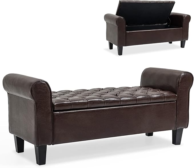 ECOTOUGE Brown Ottoman with Storage for Living Room, Leather Upholstered Bench Footrest, Rolled Arm Foot Stool for Bedroom, Brown