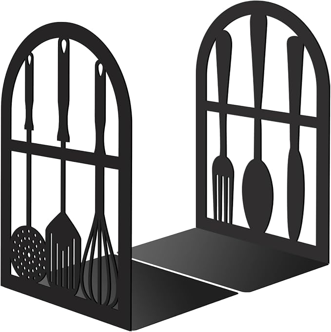 CRASPIRE 1 Pair Black Metal Bookends Kitchen Heavy Duty Study Non-Skid Tableware 4.7x3.5x7 Book Holder Stand Decorative Organizer Support for Office Shelves Cookbook Room Desk Christmas Birthday Gift