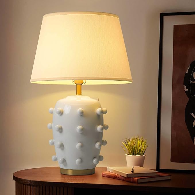Modern Ceramic Linden Table Lamp - 26" White Ball Farmhouse Design, Classic Table Lamp Pottery Tapered Drum Shade for Living Room, Bedroom, Office, and Home （White）