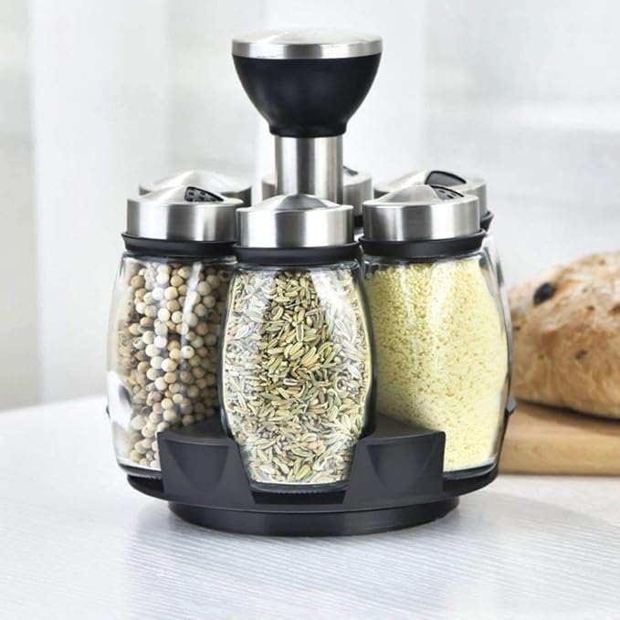 Hossejoy 6-Jar Revolving Spice Rack Organizer Holder, Kitchen Countertop Seasoning Stand Organizer Include 6 Glass Jar Bottles, Great Gift For Chefs & Foodies (Spices Not Included)