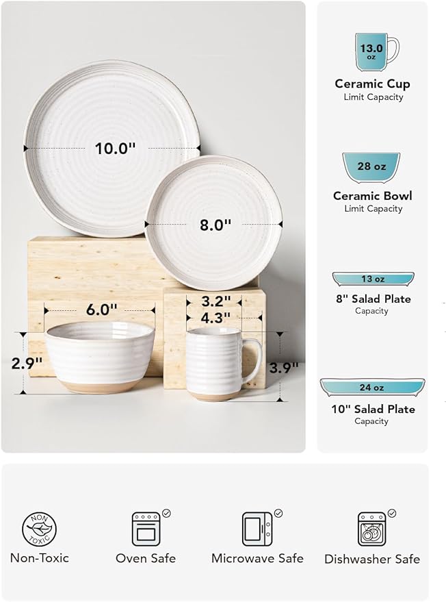 LE TAUCI Plates and Bowls Sets for 4, 16 Piece Stoneware Dinnerware Sets with Mugs, Ceramic Kitchen Dish Set, Chip Resistant, Microwave & Dishwasher Safe, Arctic White