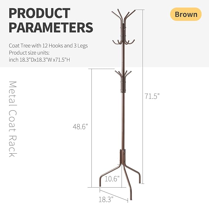 Coat Rack Freestanding,hat and coat rack stand for entryway,Living Room,Bedroom,Metal coat tree with12 Hooks and 3 Legs (Brown)