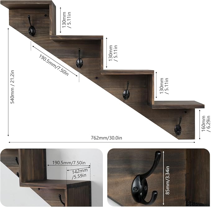 Hookmous Coat Rack Wall Mount with Shelf, Brown Wall Shelf with Hooks, Sturdy Wooden Fall Staircase Shelves, Space-Saving Decorative Organizer for Entryway, Mudroom, Hallway, Living Room, Bedroom