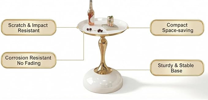 Small White Round Side Table with Gold Pedestal Base - Modern Chic Accent End Table for Living Room, Bedroom & Office Spaces