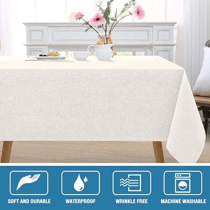 H.VERSAILTEX Linen Textured Tablecloth 60 x 84 Waterproof Decorative Table Cloth Spill-Proof Linen Look Cover for Party Table Extra Soft and Thick Fabric Wrinkle Free, Heather Ivory