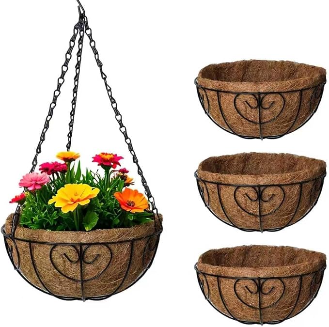 LX7 3-Pack Hanging & Wall-Mounted Plant Baskets with Natural Coconut Fiber Liner, Decorative Planters for Home Garden Patio Yard (3Pack HeartHanger, 12Inch)