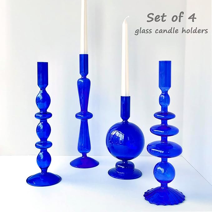 Candle Stick Candle Holder, Glass Candle Holders for Table Centerpiece, Modern Style Klein Blue Candle Holder Mixed 4pcs