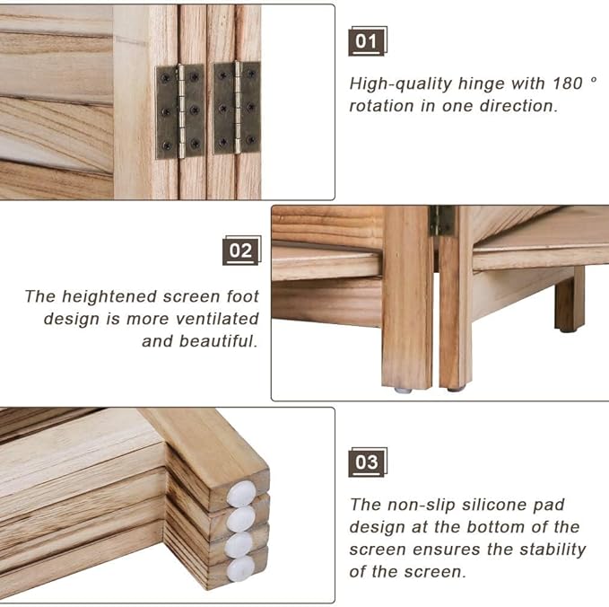 4 Panel Room Divider Folding Privacy Wooden Screen with Three Clever Shelf Portable Partition Wood Divider for Home Office, Natural