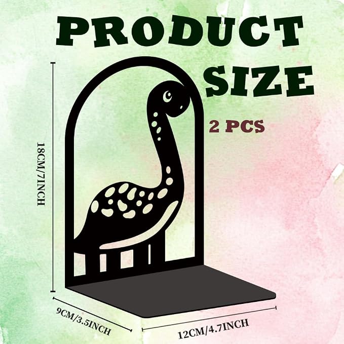 INFUNLY 1 Pair Metal Book Ends for Shelves Dinosaur Heavy Duty Bookshelf Holder Stand Black Book Stopper Support for Desktop 7.1x4.7x3.5 for Home Office Library School Kitchen Decor