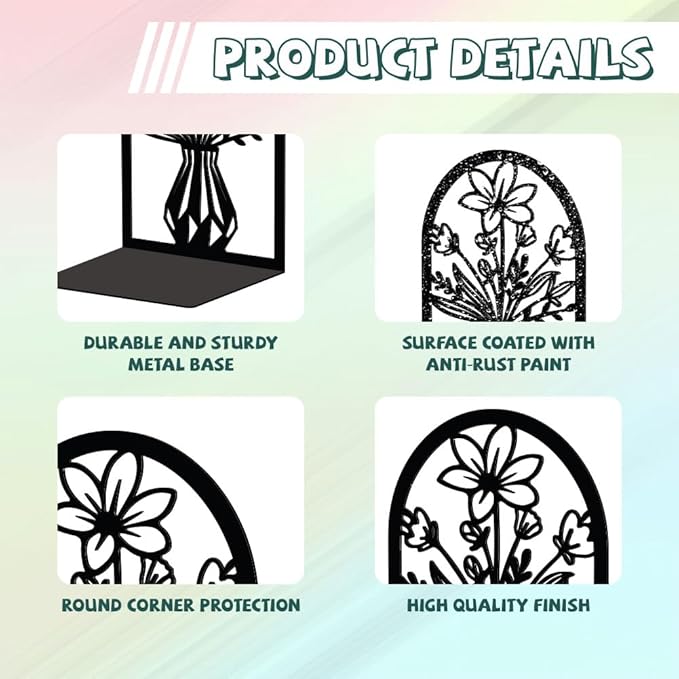 Peacoblue Metal Bookends for Shelves, Modern Decorative Heavy Duty Study Book Support Stoppers for Office, Desk, Shelf, Room 5.3"x4.3"x7.9" Cast Iron Simple Bookends, 1 Pair (Vase with Flowers)