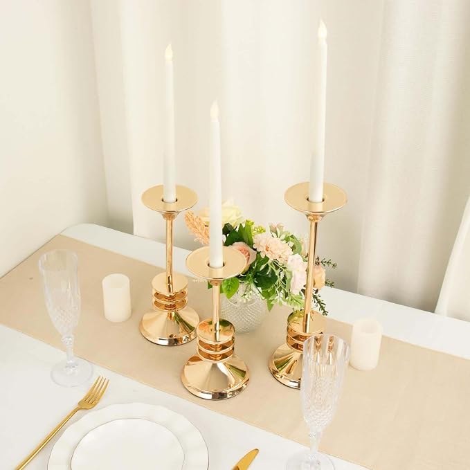 Efavormart Set of 3 | Gold Metal Taper Candlestick Holders, 3 Disk Pedestal Design Candle Stands - 9", 11", 13"